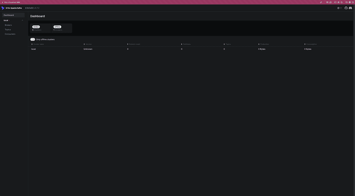 Kafka UI showing the local cluster with no topics yet created