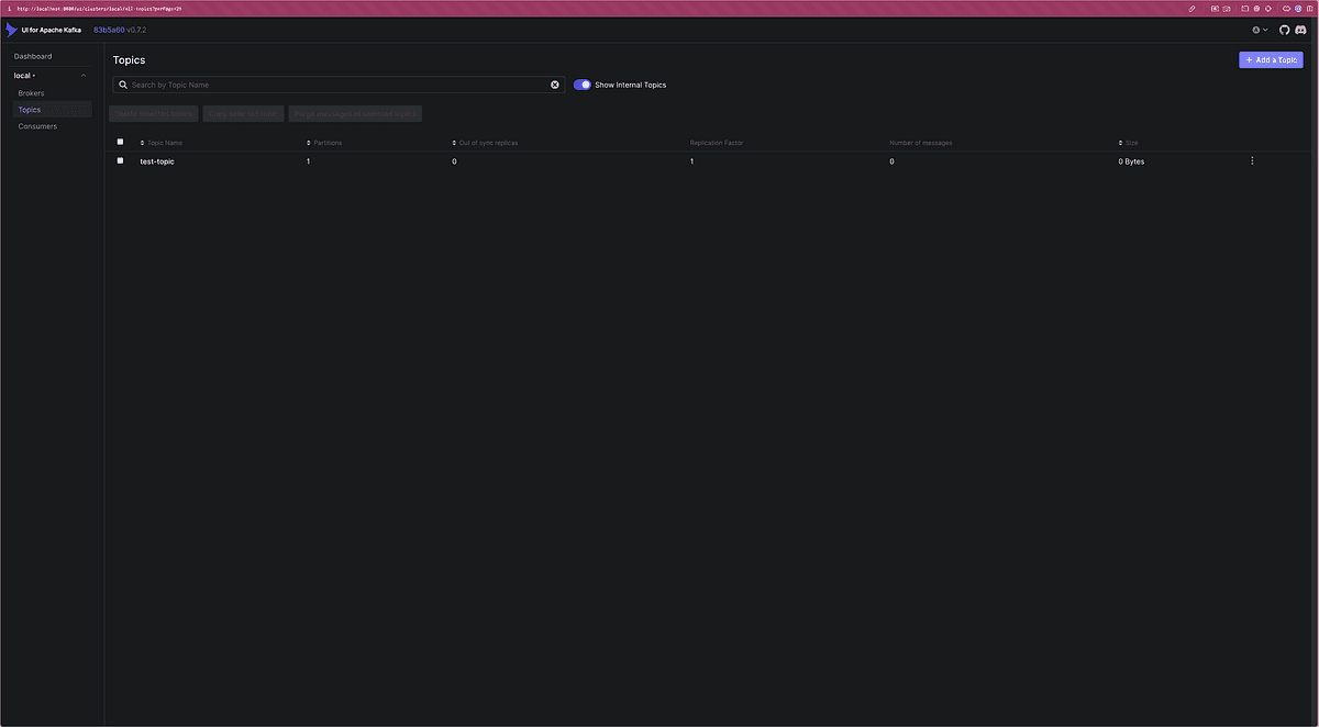 Kafka UI showing âtest-topicâ created successfully